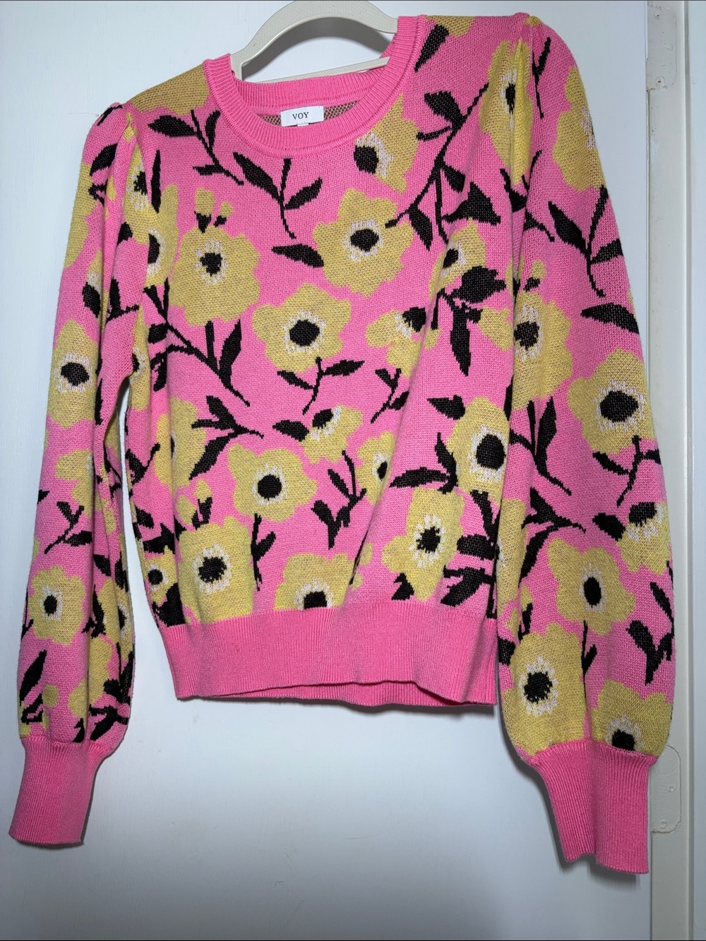 VOY Pink Floral Crewneck Sweater with Yellow Blooms